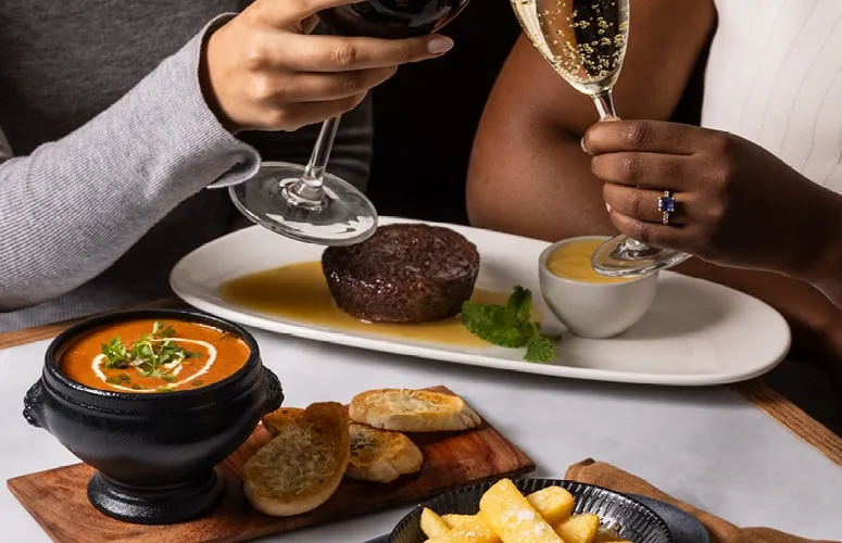A celebration dinner with champagne