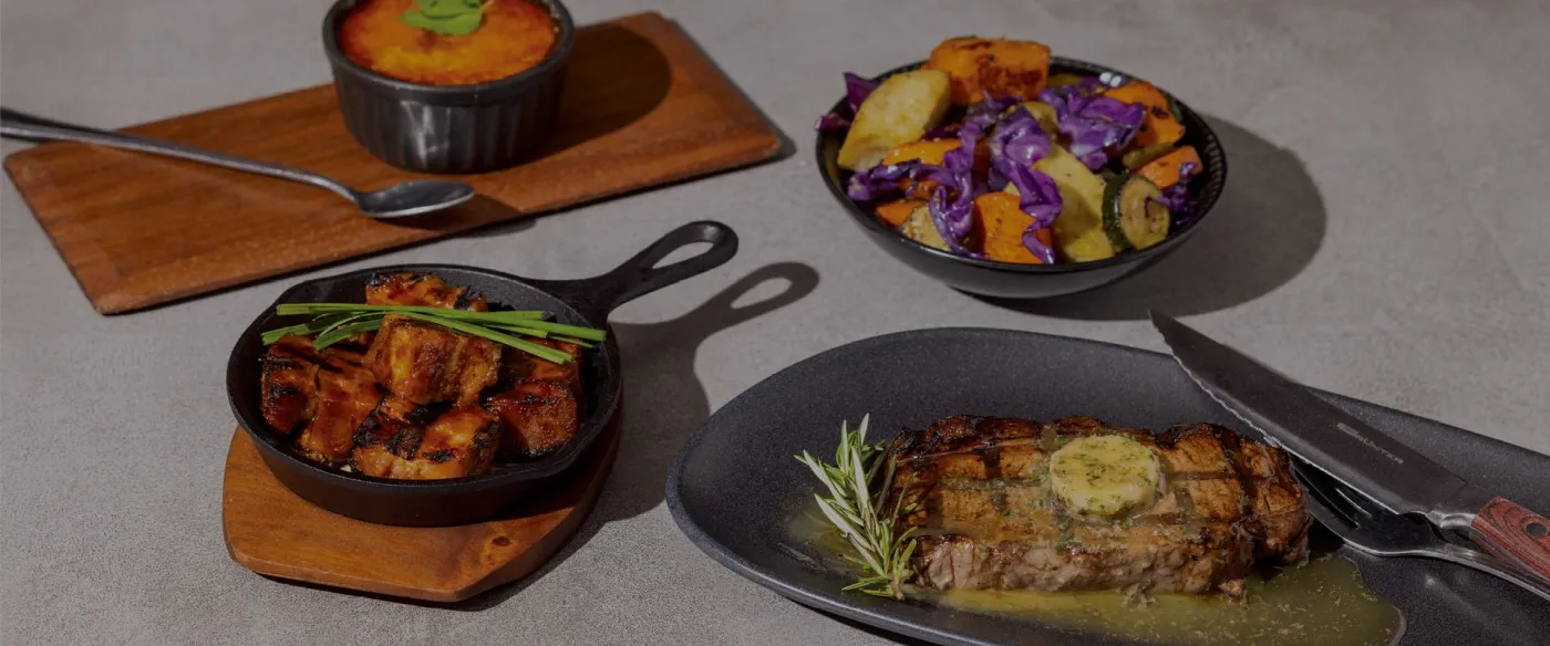The seasonal lunch: pork belly bites, roast vegetables and a steak